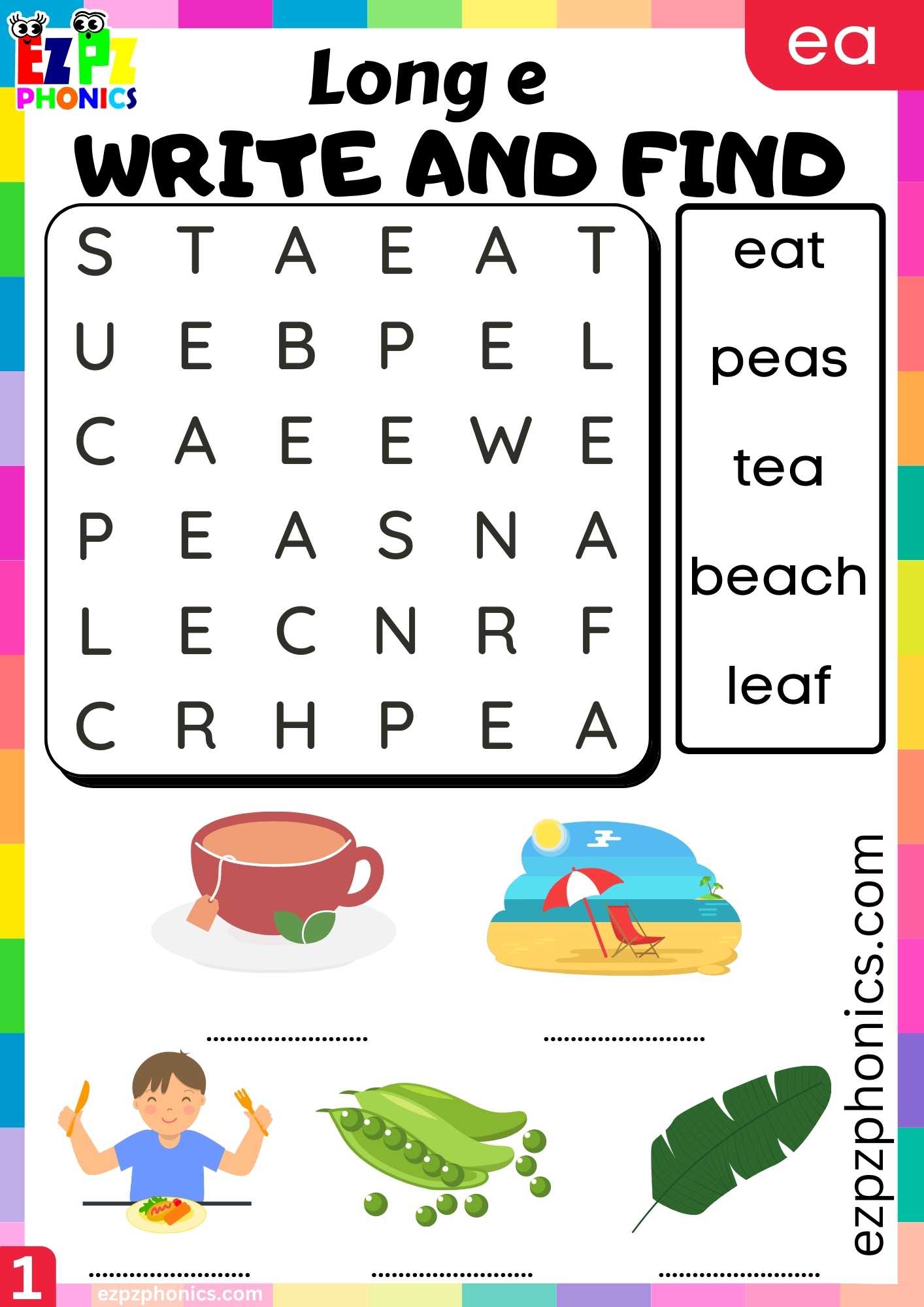Group1 EA Words Write And Find Long E Phonics Worksheet